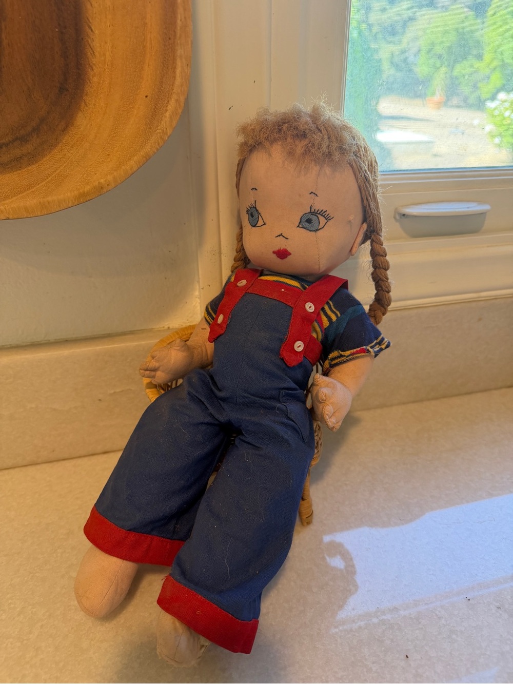 Vintage Rag Doll in Blue Overalls with Red Accents
